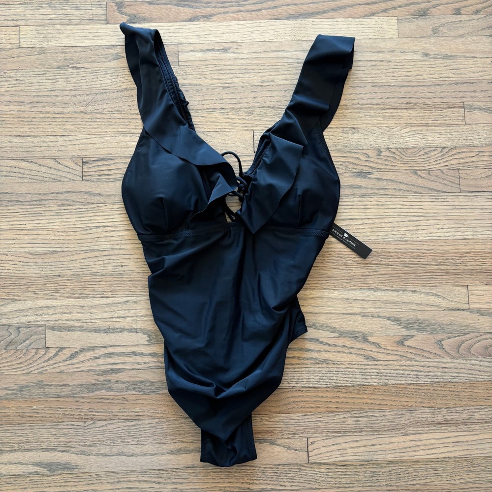 Unique & Classic Women Black Ruffle Lace Up One Piece Swimsuit Size‎ 2XL NWT